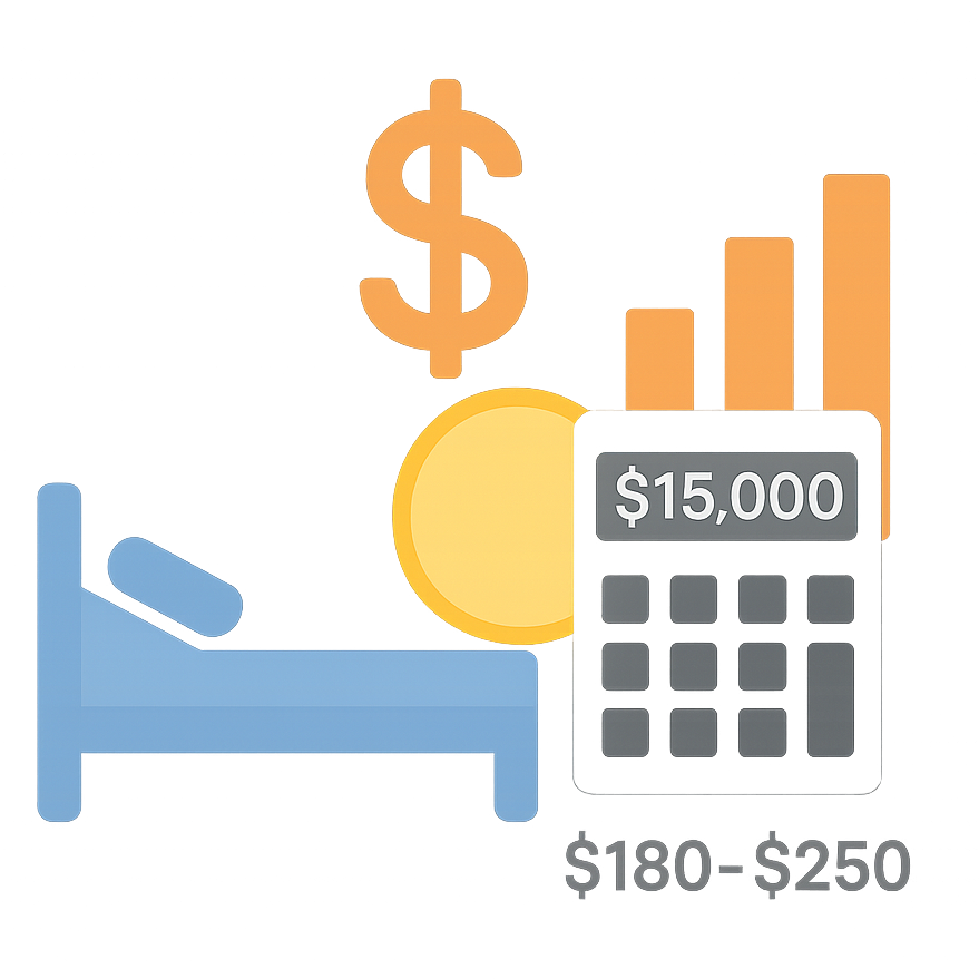 TCM cost illustration: hospital bed, calculator, and dollar sign
