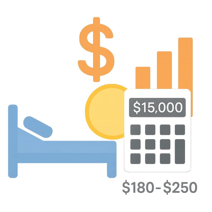 TCM cost illustration: hospital bed, calculator, and dollar sign